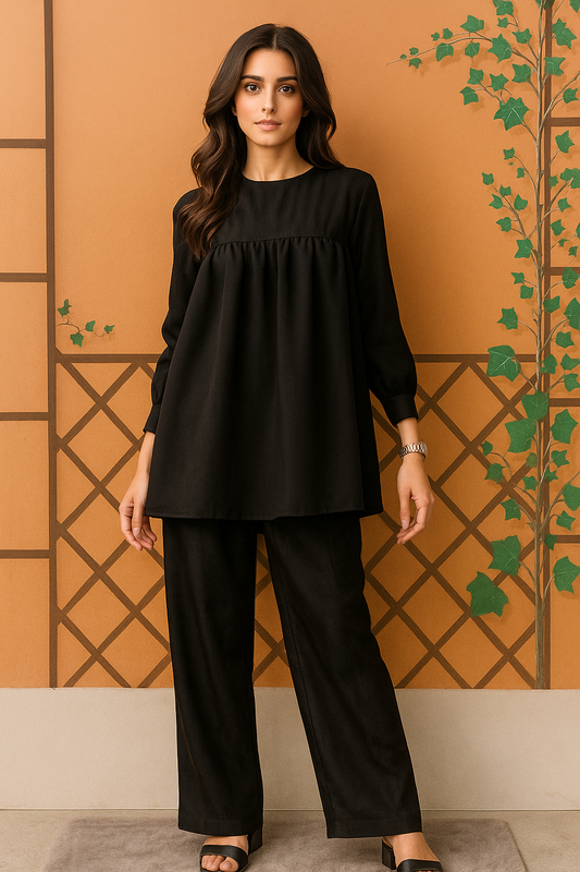 Elegant black flowy frock set modern ethinc wear