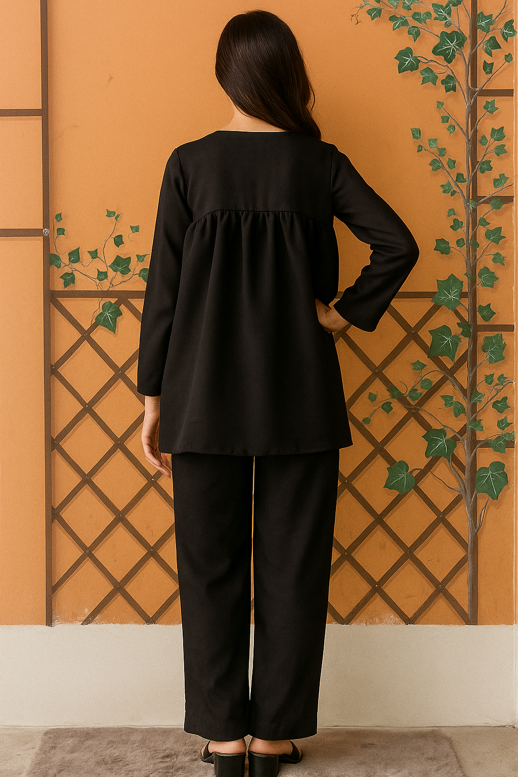 Elegant black flowy frock set modern ethinc wear