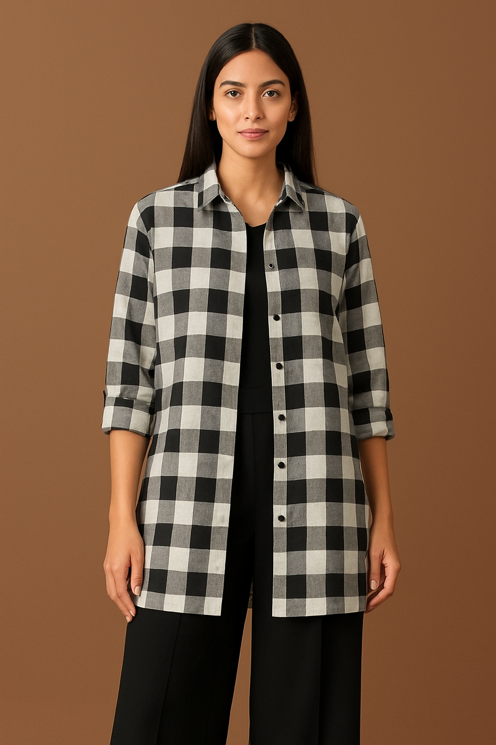 black & white check collared shirt