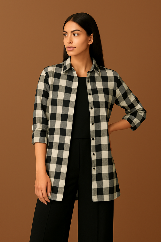 black & white check collared shirt