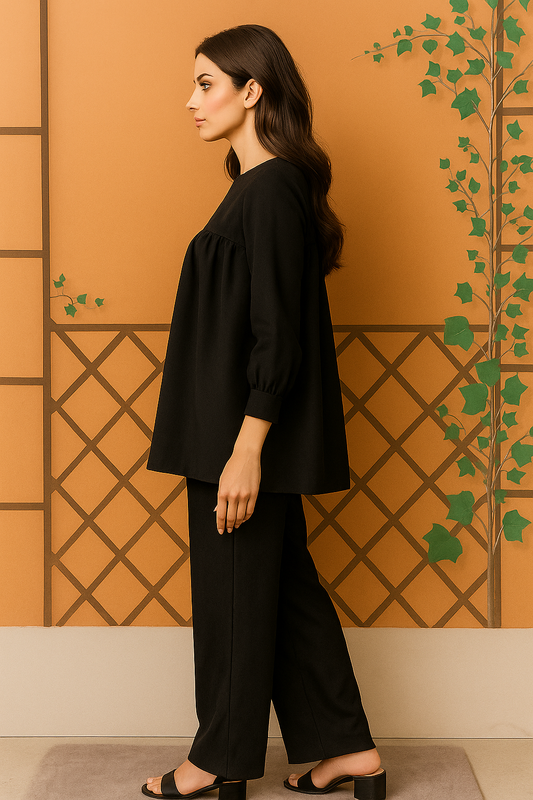Elegant black flowy frock set modern ethinc wear